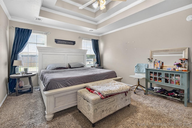 8813 E 104th Pl N, Owasso, OK 74055 - bedroom featuring carpet, crown molding, a raised ceiling, and ceiling fan