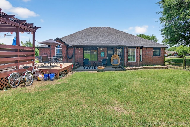 8813 E 104th Pl N, Owasso, OK 74055 - rear view of property featuring a shingled roof, a pergola, brick siding, and a patio area