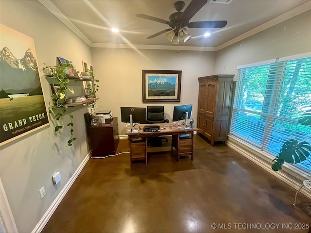 239 E 117th St S, Jenks, OK 74037 - office space featuring a ceiling fan, ornamental molding, and recessed lighting