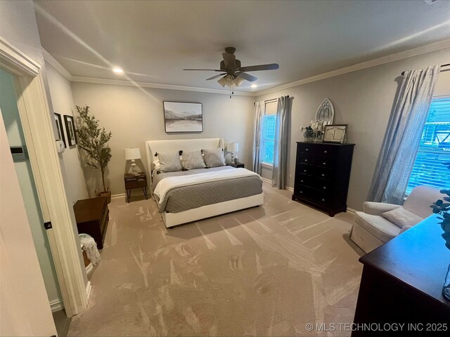 239 E 117th St S, Jenks, OK 74037 - bedroom featuring ornamental molding, carpet floors, and a ceiling fan