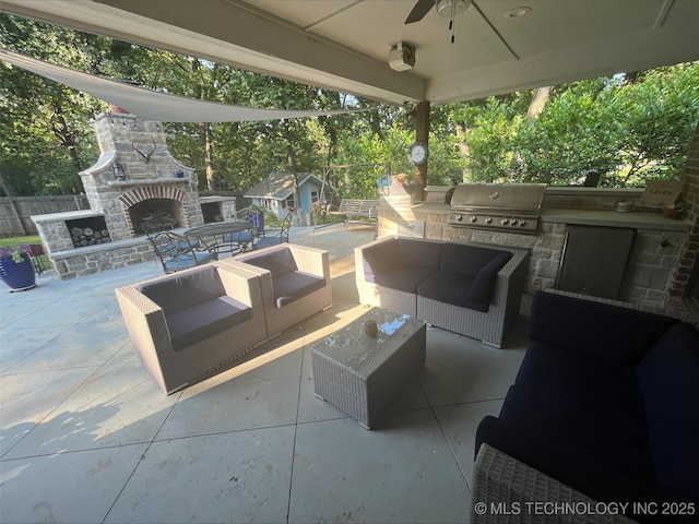 239 E 117th St S, Jenks, OK 74037 - view of patio featuring area for grilling, an outdoor living space with a fireplace, and a ceiling fan