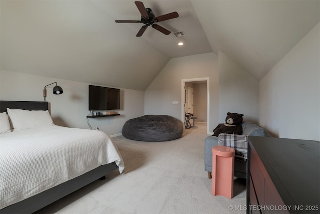 5312 E 124th Pl S, Bixby, OK 74008 - bedroom with light colored carpet, lofted ceiling, and ceiling fan