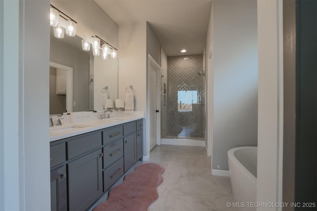 5312 E 124th Pl S, Bixby, OK 74008 - full bath with double vanity, marble look tile flooring, a shower stall, a freestanding tub, and recessed lighting
