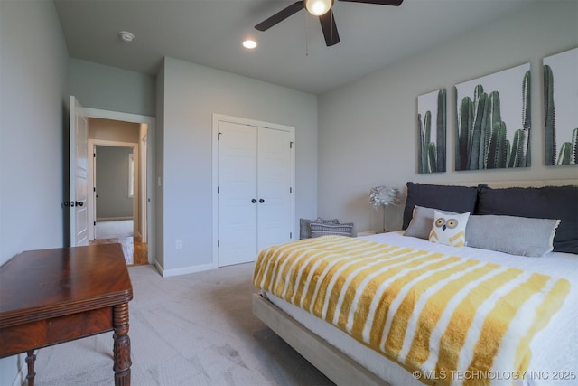 5312 E 124th Pl S, Bixby, OK 74008 - bedroom featuring light colored carpet, a closet, ceiling fan, and recessed lighting