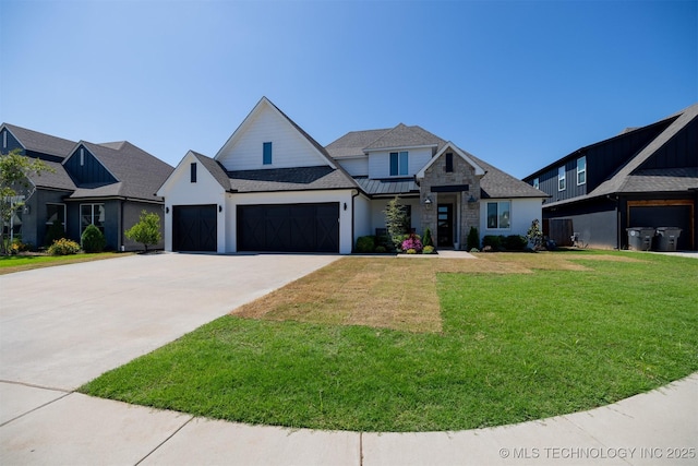 5312 E 124th Pl S, Bixby, OK 74008 - modern inspired farmhouse featuring a garage, concrete driveway, a standing seam roof, a front yard, and a metal roof