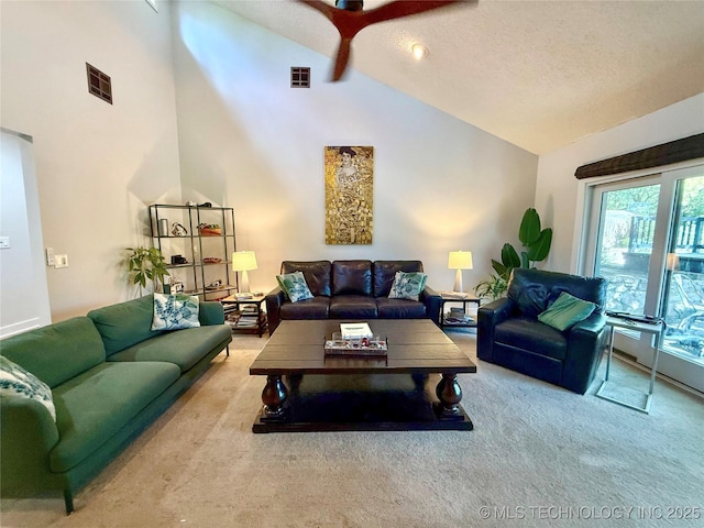 2501 Cherokee Hills Pl, Bartlesville, OK 74006 - living room with carpet floors, high vaulted ceiling, and a textured ceiling