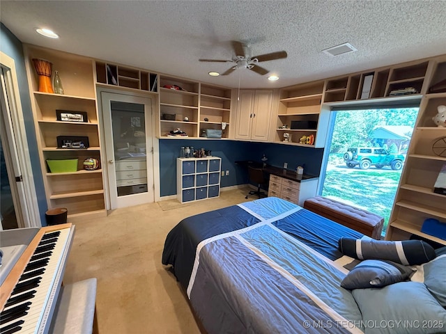 2501 Cherokee Hills Pl, Bartlesville, OK 74006 - bedroom with a textured ceiling, recessed lighting, light carpet, and a ceiling fan