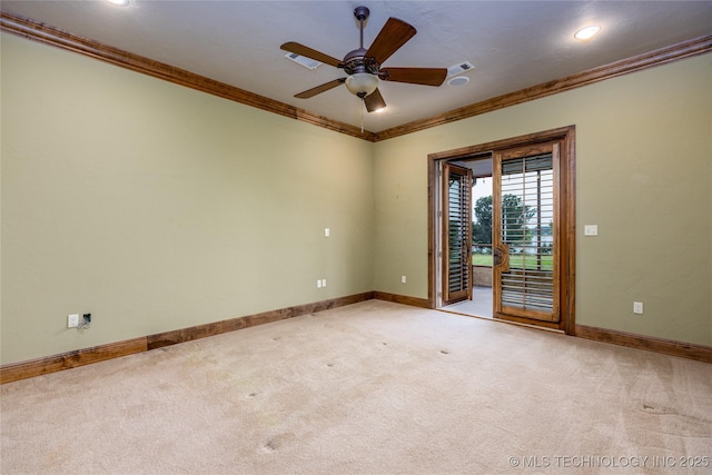 609 Lakeshore Dr, Durant, OK 74701 - carpeted spare room with ornamental molding, ceiling fan, and recessed lighting