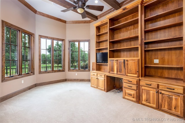 609 Lakeshore Dr, Durant, OK 74701 - unfurnished office featuring built in desk, light carpet, ornamental molding, and ceiling fan