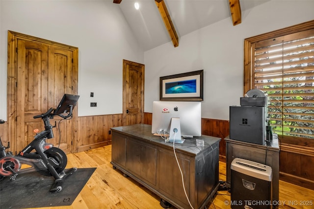 13533 S Lewis Ave, Bixby, OK 74008 - office space featuring a wainscoted wall, light wood-style floors, beamed ceiling, wooden walls, and high vaulted ceiling