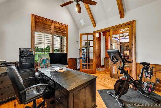 13533 S Lewis Ave, Bixby, OK 74008 - office area with a ceiling fan, wood finished floors, beam ceiling, and high vaulted ceiling