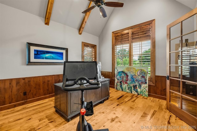 13533 S Lewis Ave, Bixby, OK 74008 - home office with a wainscoted wall, light wood finished floors, wooden walls, a ceiling fan, and beamed ceiling