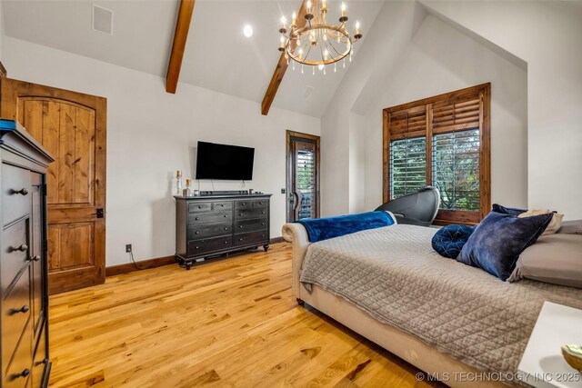 13533 S Lewis Ave, Bixby, OK 74008 - bedroom featuring a chandelier, access to exterior, light wood-style floors, high vaulted ceiling, and beam ceiling