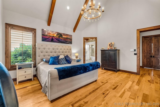 13533 S Lewis Ave, Bixby, OK 74008 - bedroom with a chandelier, light wood-style floors, beam ceiling, connected bathroom, and high vaulted ceiling