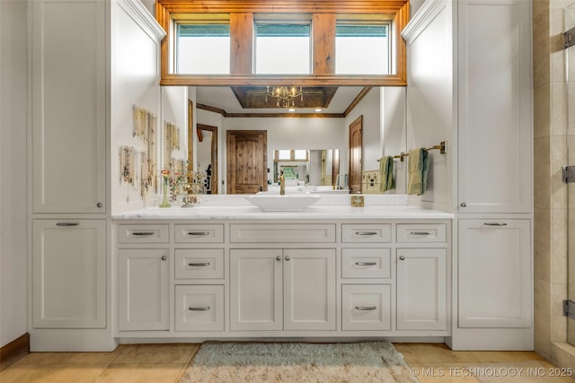 13533 S Lewis Ave, Bixby, OK 74008 - bathroom featuring double vanity, tile patterned flooring, plenty of natural light, ornamental molding, and a shower