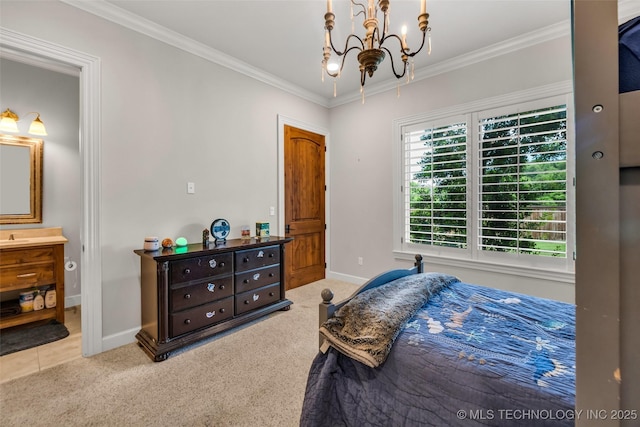 13533 S Lewis Ave, Bixby, OK 74008 - carpeted bedroom featuring a chandelier, ornamental molding, and ensuite bath