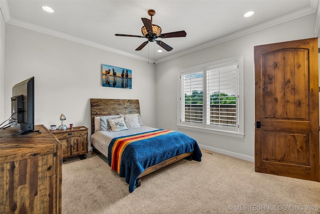 13533 S Lewis Ave, Bixby, OK 74008 - carpeted bedroom featuring recessed lighting, crown molding, and ceiling fan