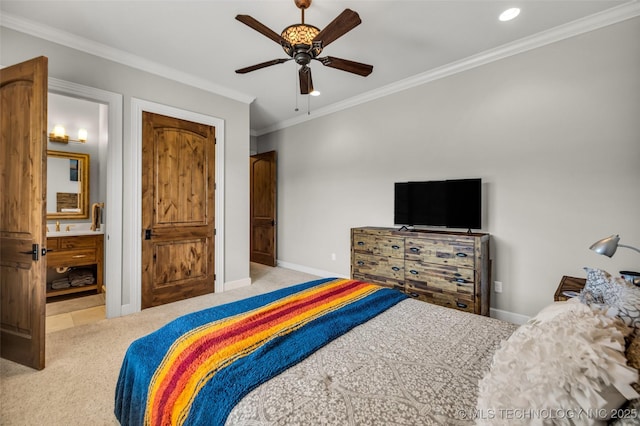 13533 S Lewis Ave, Bixby, OK 74008 - carpeted bedroom with ornamental molding, ceiling fan, recessed lighting, and connected bathroom