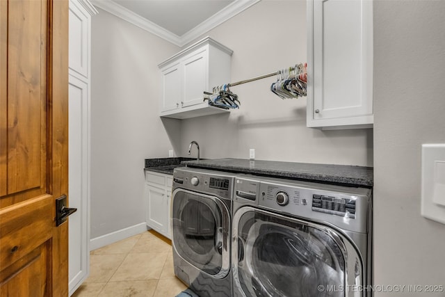 13533 S Lewis Ave, Bixby, OK 74008 - laundry room featuring cabinet space, washer and clothes dryer, ornamental molding, and light tile patterned floors
