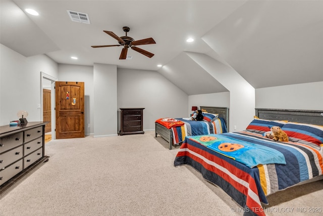 13533 S Lewis Ave, Bixby, OK 74008 - bedroom featuring recessed lighting, carpet flooring, lofted ceiling, and a ceiling fan