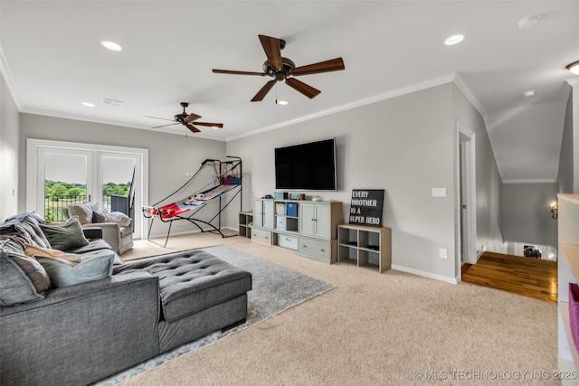 13533 S Lewis Ave, Bixby, OK 74008 - living room featuring ornamental molding, ceiling fan, carpet floors, and recessed lighting