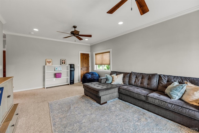 13533 S Lewis Ave, Bixby, OK 74008 - living area featuring ceiling fan, light colored carpet, recessed lighting, and ornamental molding