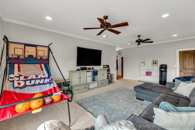 13533 S Lewis Ave, Bixby, OK 74008 - carpeted living room with ceiling fan, recessed lighting, and ornamental molding