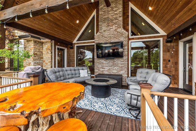 13533 S Lewis Ave, Bixby, OK 74008 - wooden deck with an outdoor living space with a fire pit and a grill