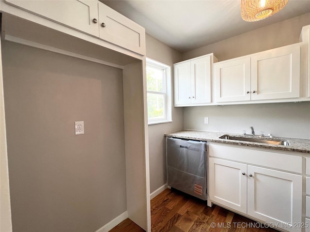 1424 S Penn Ave, Bartlesville, OK 74003 - kitchen with dishwasher, dark wood finished floors, white cabinets, and light stone countertops