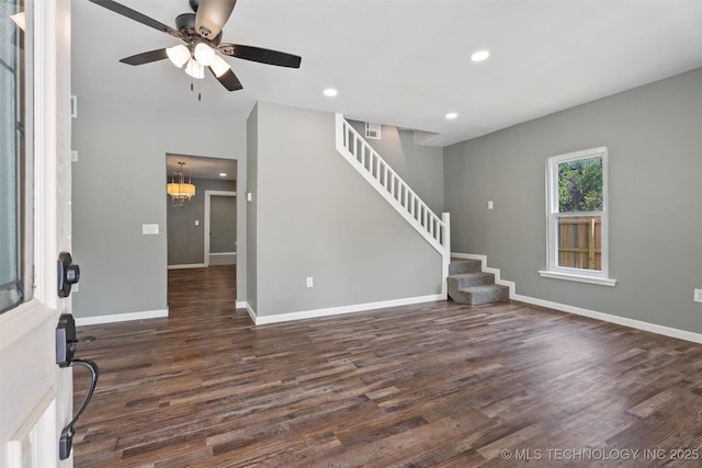 202 N Creek, Dewey, OK 74029 - entryway with dark wood-style flooring, stairway, recessed lighting, and a ceiling fan