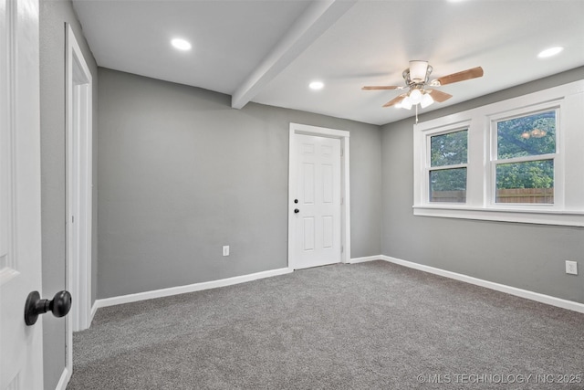 202 N Creek, Dewey, OK 74029 - spare room with carpet, a ceiling fan, recessed lighting, and beam ceiling