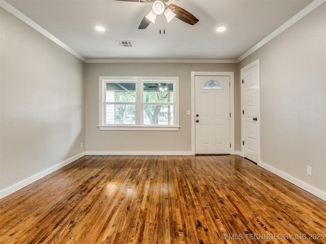 3226 N Garrison Ave, Tulsa, OK 74106 - entryway featuring ornamental molding, wood finished floors, a ceiling fan, and recessed lighting