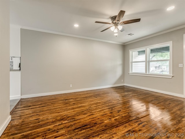 3226 N Garrison Ave, Tulsa, OK 74106 - spare room with crown molding, dark wood-style floors, ceiling fan, and recessed lighting