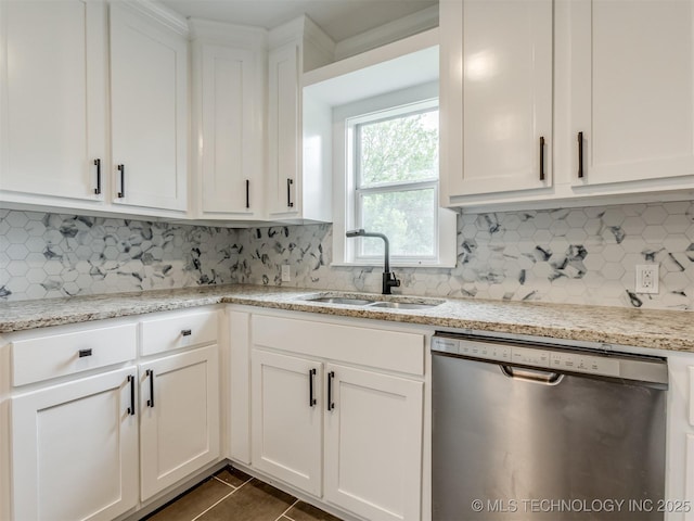 3226 N Garrison Ave, Tulsa, OK 74106 - kitchen with stainless steel dishwasher, white cabinetry, tasteful backsplash, and light stone counters