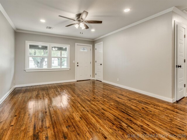 3226 N Garrison Ave, Tulsa, OK 74106 - entrance foyer with crown molding, dark wood finished floors, ceiling fan, and recessed lighting