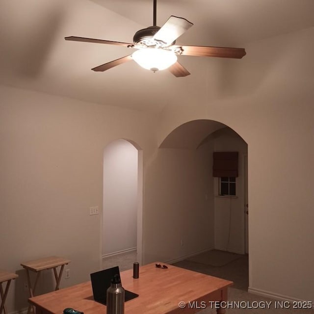 200 Ogeechee, Ramona, OK 74061 - unfurnished dining area with arched walkways and a ceiling fan