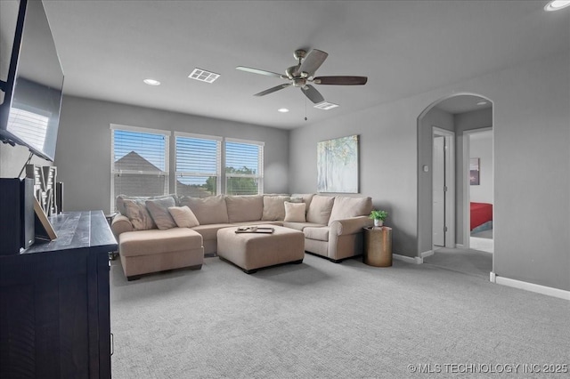 30130 S Maxine Ave, Inola, OK 74036 - living area featuring ceiling fan, arched walkways, carpet flooring, and recessed lighting