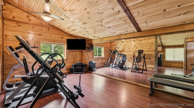 20512 E 430th Rd, Claremore, OK 74017 - exercise area with wood walls, wood ceiling, wood finished floors, lofted ceiling, and a ceiling fan