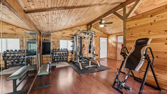 20512 E 430th Rd, Claremore, OK 74017 - exercise room featuring wooden walls, wooden ceiling, a ceiling fan, vaulted ceiling, and wood finished floors