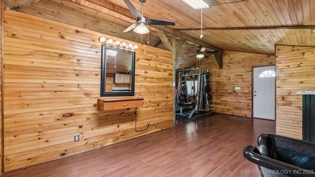 20512 E 430th Rd, Claremore, OK 74017 - unfurnished living room featuring a ceiling fan, wood walls, wood finished floors, and wood ceiling