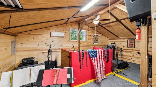 20512 E 430th Rd, Claremore, OK 74017 - miscellaneous room with wood walls, lofted ceiling, a ceiling fan, electric panel, and wood ceiling