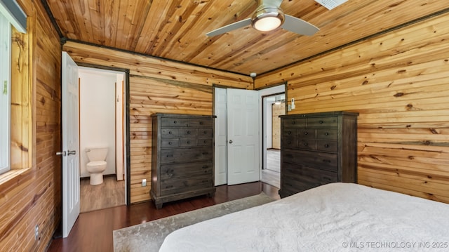 20512 E 430th Rd, Claremore, OK 74017 - bedroom featuring wood walls, wood ceiling, wood finished floors, and ensuite bath