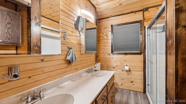 20512 E 430th Rd, Claremore, OK 74017 - bathroom featuring wood walls, double vanity, wood finished floors, a stall shower, and wood ceiling