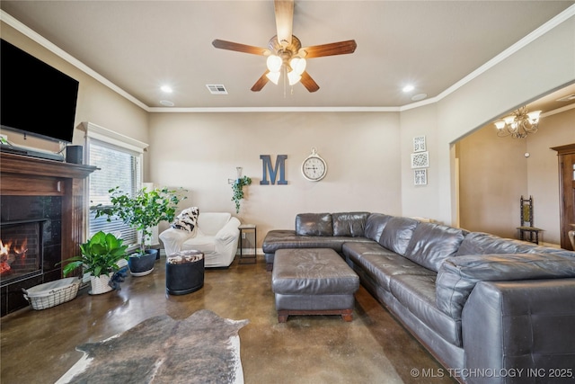 5983 E 137th St, Collinsville, OK 74021 - living room featuring finished concrete floors, recessed lighting, a fireplace, crown molding, and a ceiling fan