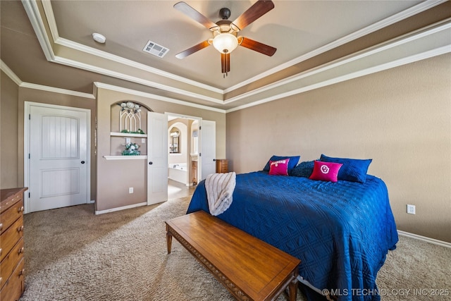 5983 E 137th St, Collinsville, OK 74021 - carpeted bedroom featuring a raised ceiling, crown molding, connected bathroom, and ceiling fan