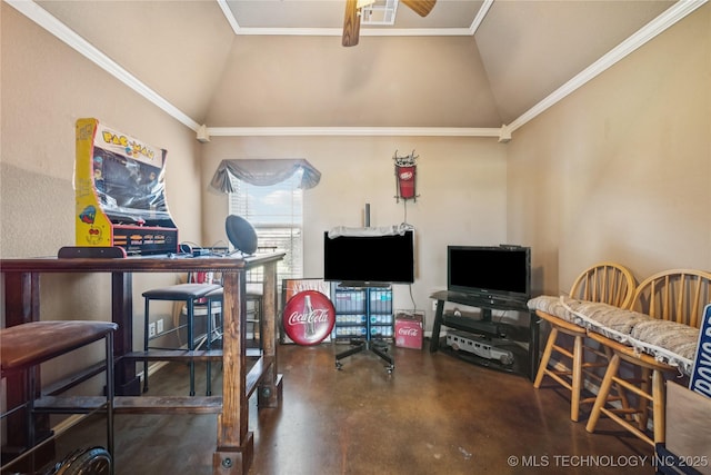 5983 E 137th St, Collinsville, OK 74021 - office featuring vaulted ceiling, concrete floors, ceiling fan, and ornamental molding