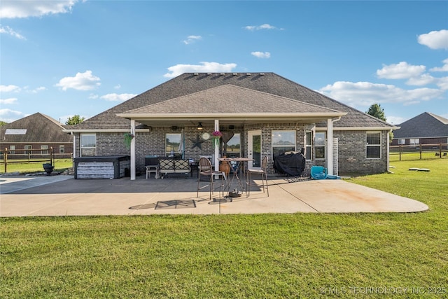 5983 E 137th St, Collinsville, OK 74021 - back of house featuring a patio, a ceiling fan, brick siding, and a shingled roof