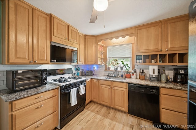 5718 E 27th St, Tulsa, OK 74114 - kitchen featuring black appliances, open shelves, decorative backsplash, and light wood finished floors