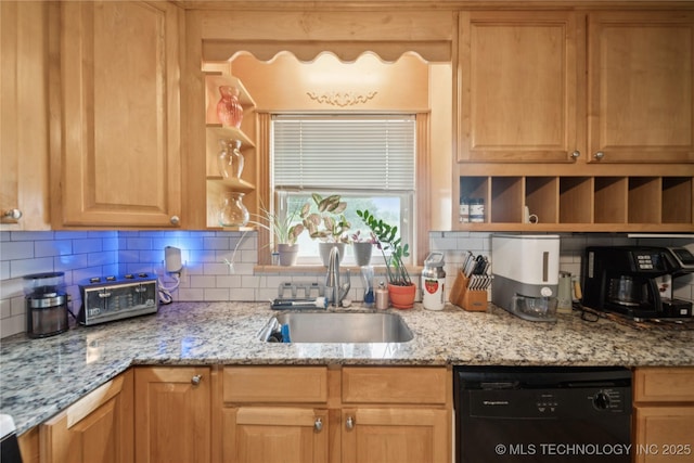 5718 E 27th St, Tulsa, OK 74114 - kitchen featuring black dishwasher, open shelves, decorative backsplash, and light stone counters