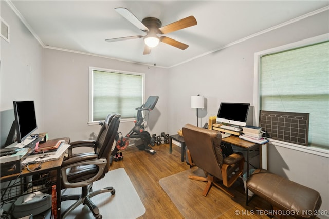 5718 E 27th St, Tulsa, OK 74114 - office area with wood finished floors, ceiling fan, and ornamental molding